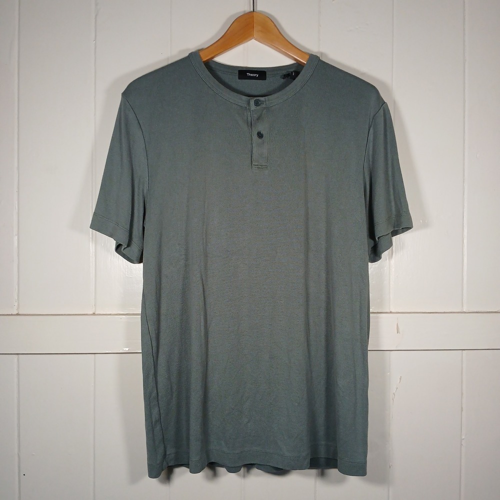 Theory Henley Shirt Men Large Green Gaskell H Anemone Milano Short Sleeve